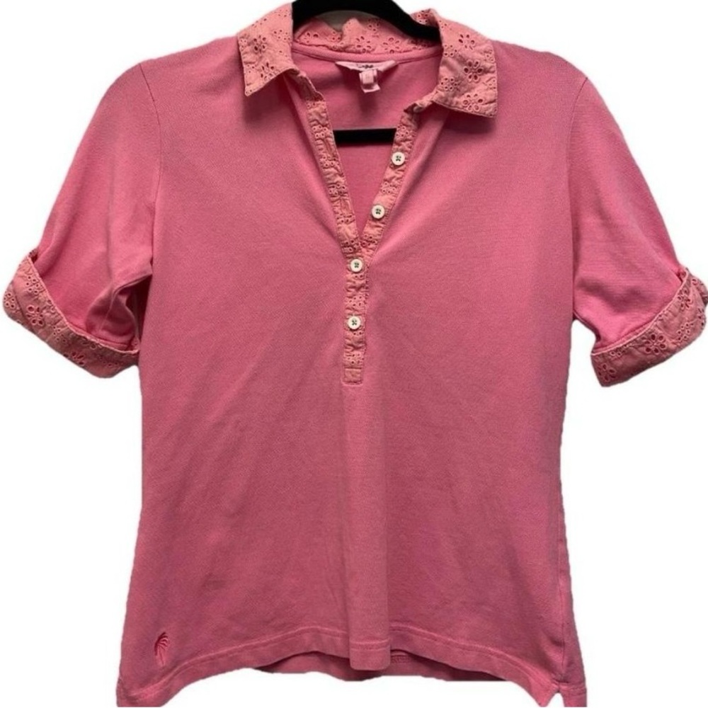 Lilly Pulitzer Pink Button Down Shirt with Lace Trim